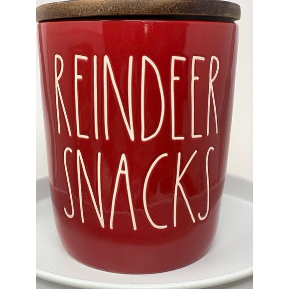 Rae Dunn Reindeer Snacks Cellar Canister Red Wood Lid Kitchen Christmas Holiday - Picture 4 of 9